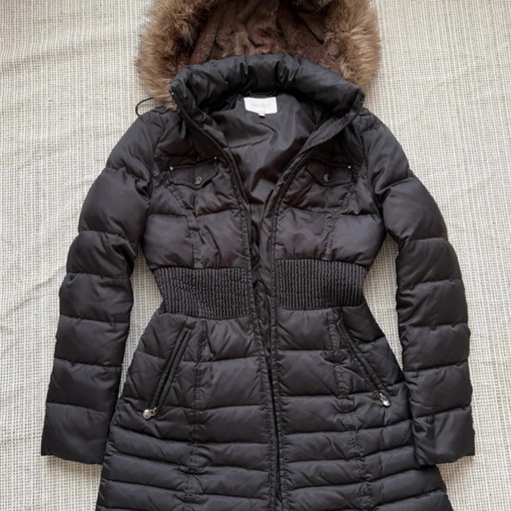 Laundry By Shelli Segal Black Puffer Coat with Fur Hood